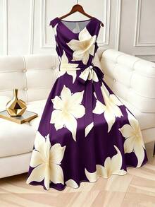 SHEIN Franclia 女款無袖前綁帶輕盈面料垂領洋裝（適合晚宴場合、夏季休閒穿著與復古風格） - 紫色 - 查看 3