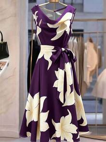 SHEIN Franclia 女款無袖前綁帶輕盈面料垂領洋裝（適合晚宴場合、夏季休閒穿著與復古風格） - 紫色 - 查看 4