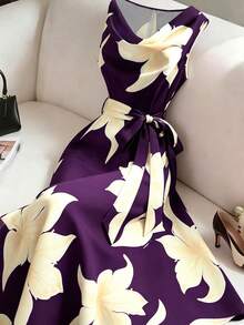 SHEIN Franclia 女款無袖前綁帶輕盈面料垂領洋裝（適合晚宴場合、夏季休閒穿著與復古風格） - 紫色 - 查看 1