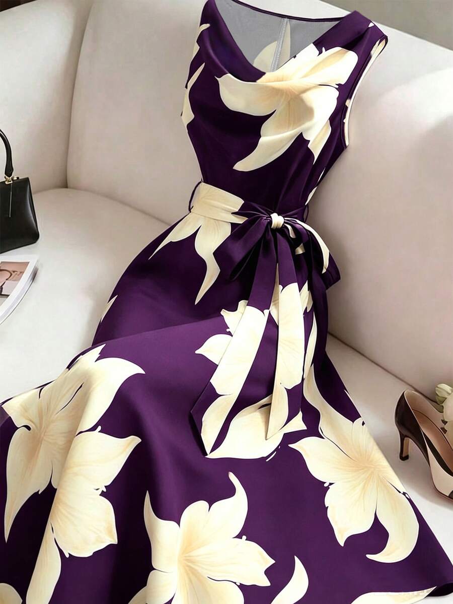 SHEIN Franclia 女款無袖前綁帶輕盈面料垂領洋裝（適合晚宴場合、夏季休閒穿著與復古風格） - 紫色 - 查看 1
