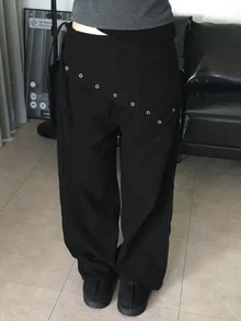 DAZY Women's Eyelet Design Side Waist Tie Wide Leg Casual Denim Jeans Fall - Black - View 6