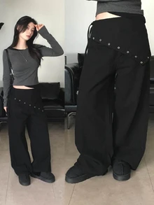 DAZY Women's Eyelet Design Side Waist Tie Wide Leg Casual Denim Jeans Fall - Black - View 2
