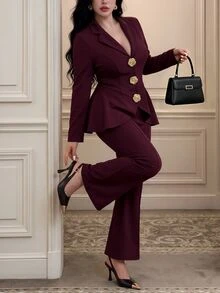 Vibekara 2pcs Set Elegant Vintage Deep Wine Red Plus Size Suit With Lapel V-Neck Ruched Asymmetrical Hem Long Blazer + Slim Fit Flare Pants For Commute, Date, Party - Burgundy - View 4