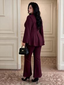 Vibekara 2pcs Set Elegant Vintage Deep Wine Red Plus Size Suit With Lapel V-Neck Ruched Asymmetrical Hem Long Blazer + Slim Fit Flare Pants For Commute, Date, Party - Burgundy - View 2