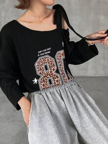 FRIFUL Women's Autumn Leopard Print Letter Cold Shoulder Tie-Front T-Shirt Long Sleeve Tops - Black - View 9