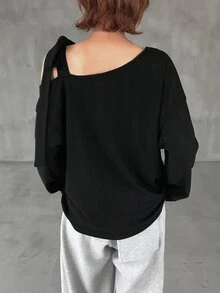 FRIFUL Women's Autumn Leopard Print Letter Cold Shoulder Tie-Front T-Shirt Long Sleeve Tops - Black - View 2