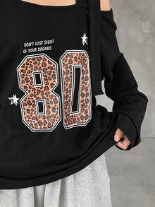 FRIFUL Women's Autumn Leopard Print Letter Cold Shoulder Tie-Front T-Shirt Long Sleeve Tops - Black - View 5