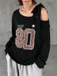FRIFUL Women's Autumn Leopard Print Letter Cold Shoulder Tie-Front T-Shirt Long Sleeve Tops - Black - View 6