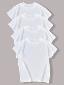 4pcs/Set Teenage Boys Casual Streetwear Slim Fit Comfortable Undershirt White T-Shirts Back-To-School Summer - White - View 3