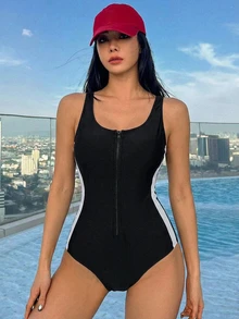 Livesso Women's Colorblock Sleeveless Athletic Casual Modest One-Piece Swimsuit Summer Beach Sports Outfits Black And White Vacation - Black - View 3