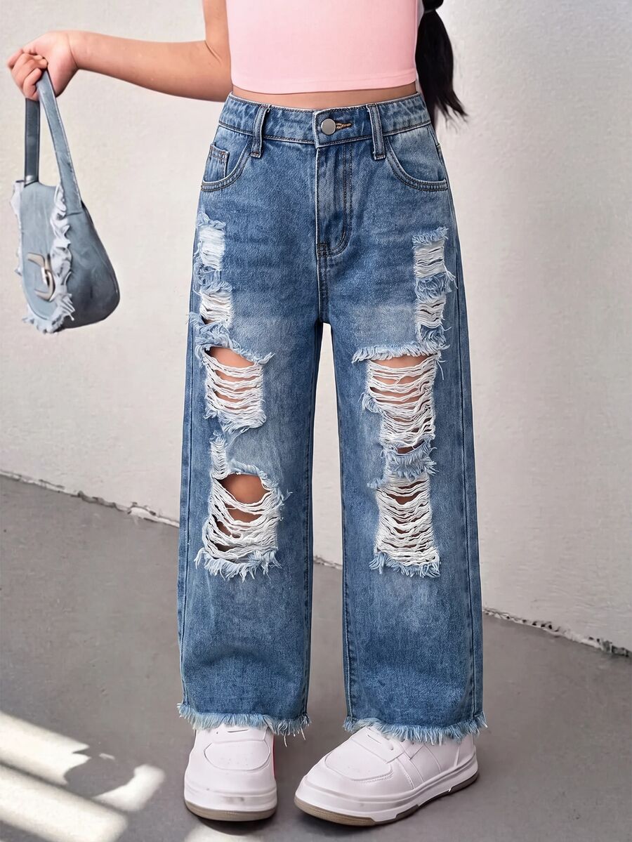 Girls' Blue Denim Loose Distressed Long Pants - Blue - View 1