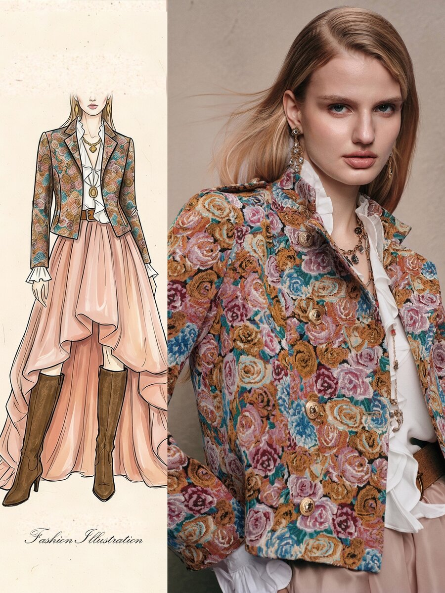 Anewsta Women's Fall/Winter Elegant Old Rose Floral Embroidered Long Sleeve Jacket Vintage For Party Ceremony - Orange - View 1