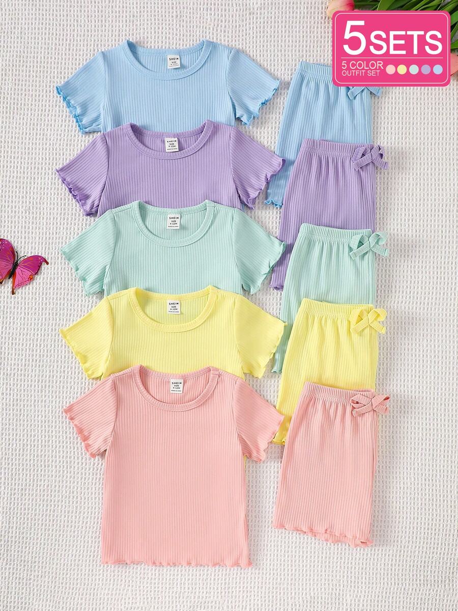 SHEIN Playful Pals 女嬰 0-3歲 藍色夏季休閒家庭套裝 10件/5套 出門穿搭 短袖上衣與蝴蝶結裝飾短褲 舒適衣著 - 彩色 - 查看 1