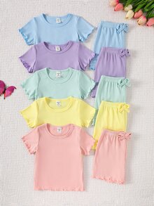 SHEIN Playful Pals 女嬰 0-3歲 藍色夏季休閒家庭套裝 10件/5套 出門穿搭 短袖上衣與蝴蝶結裝飾短褲 舒適衣著 - 彩色 - 查看 3