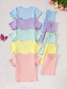 SHEIN Playful Pals 女嬰 0-3歲 藍色夏季休閒家庭套裝 10件/5套 出門穿搭 短袖上衣與蝴蝶結裝飾短褲 舒適衣著 - 彩色 - 查看 2