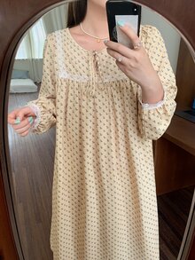 Dazy Plus Pattern Printed Full Body Floral Lace Patchwork Loose Elegant Long Nightgown Fall - Yellow - View 5
