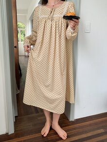 Dazy Plus Pattern Printed Full Body Floral Lace Patchwork Loose Elegant Long Nightgown Fall - Yellow - View 4