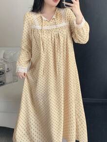 Dazy Plus Pattern Printed Full Body Floral Lace Patchwork Loose Elegant Long Nightgown Fall - Yellow - View 8