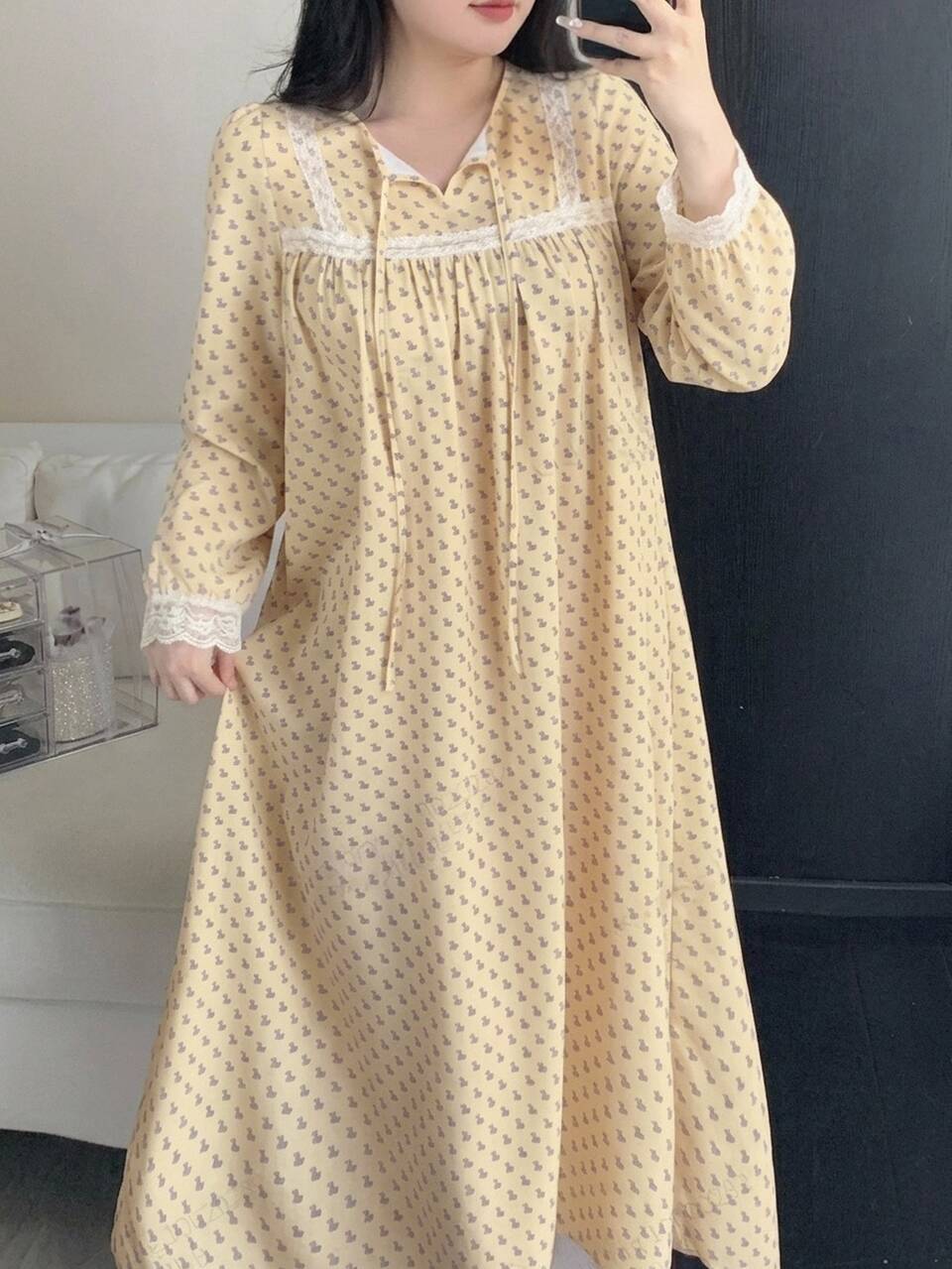 Dazy Plus Pattern Printed Full Body Floral Lace Patchwork Loose Elegant Long Nightgown Fall