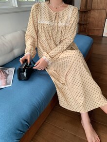 Dazy Plus Pattern Printed Full Body Floral Lace Patchwork Loose Elegant Long Nightgown Fall - Yellow - View 6