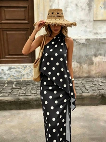 SHEIN 女款不對稱單肩黑白波點上衣與開衩裙套裝，夏季度假優雅風 - 黑色 - 查看 4