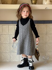 Dazy Kids Baby Girl Autumn/Winter Cable Knit Casual Spaghetti Strap Dress - Grey - View 5