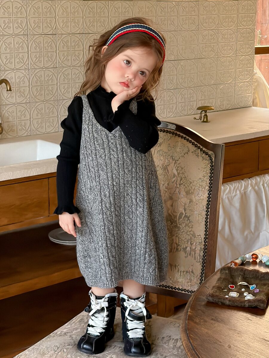 Dazy Kids Baby Girl Autumn/Winter Cable Knit Casual Spaghetti Strap Dress - Grey - View 1