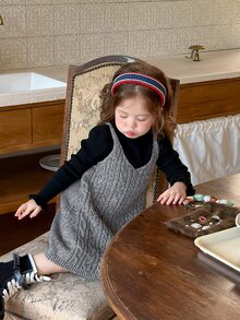 Dazy Kids Baby Girl Autumn/Winter Cable Knit Casual Spaghetti Strap Dress - Grey - View 3