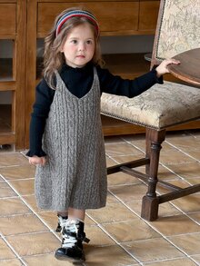 Dazy Kids Baby Girl Autumn/Winter Cable Knit Casual Spaghetti Strap Dress - Grey - View 4