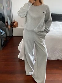 DAZY Women's 2 Pieces Set: Fall Crew Neck Drop Shoulder Long Sleeve Loose Solid Color Sweatshirt Long Straight Leg Pants, Light Grey Grey Casual Lounge - Grey - View 3