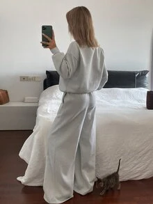 DAZY Women's 2 Pieces Set: Fall Crew Neck Drop Shoulder Long Sleeve Loose Solid Color Sweatshirt Long Straight Leg Pants, Light Grey Grey Casual Lounge - Grey - View 2