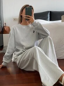 DAZY Women's 2 Pieces Set: Fall Crew Neck Drop Shoulder Long Sleeve Loose Solid Color Sweatshirt Long Straight Leg Pants, Light Grey Grey Casual Lounge - Grey - View 6