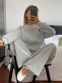 DAZY Women's 2 Pieces Set: Fall Crew Neck Drop Shoulder Long Sleeve Loose Solid Color Sweatshirt Long Straight Leg Pants, Light Grey Grey Casual Lounge - Grey - View 1