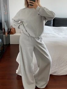 DAZY Women's 2 Pieces Set: Fall Crew Neck Drop Shoulder Long Sleeve Loose Solid Color Sweatshirt Long Straight Leg Pants, Light Grey Grey Casual Lounge - Grey - View 4