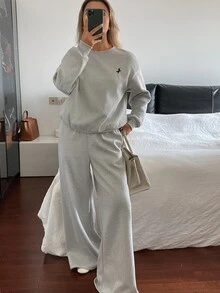 DAZY Women's 2 Pieces Set: Fall Crew Neck Drop Shoulder Long Sleeve Loose Solid Color Sweatshirt Long Straight Leg Pants, Light Grey Grey Casual Lounge - Grey - View 5