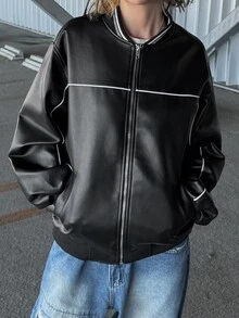FRIFUL Contrast Piping Drop Shoulder Bomber Leather Jacket Fall - Black - View 4