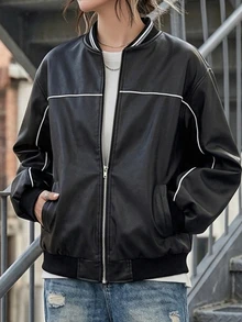 FRIFUL Contrast Piping Drop Shoulder Bomber Leather Jacket Fall - Black - View 2