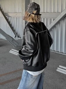 FRIFUL Contrast Piping Drop Shoulder Bomber Leather Jacket Fall - Black - View 3