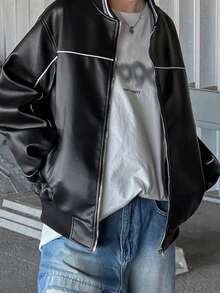 FRIFUL Contrast Piping Drop Shoulder Bomber Leather Jacket Fall - Black - View 9