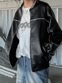FRIFUL Contrast Piping Drop Shoulder Bomber Leather Jacket Fall - Black - View 5