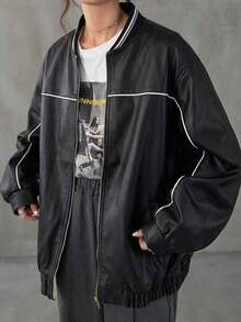 FRIFUL Contrast Piping Drop Shoulder Bomber Leather Jacket Fall - Black - View 1