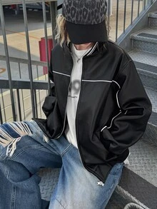 FRIFUL Contrast Piping Drop Shoulder Bomber Leather Jacket Fall - Black - View 7