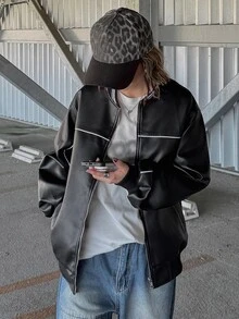 FRIFUL Contrast Piping Drop Shoulder Bomber Leather Jacket Fall - Black - View 6
