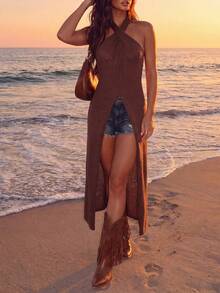 SHEIN Women's Basic Minimalist Fashion Design Halter Neck Crop Top Knit Top For Beach Music Festival Seaside Vacation - Coffee Brown - View 6