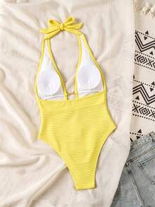 SHEIN Swim Springbreak 女款黃色羅紋針織提花面料鏤空深背V領掛脖高衩泳裝，適合海灘度假、泳池派對、溫泉海灘，性感辣妹風休閒連身泳衣，女款連身泳裝，波希米亞風節慶款 - 黃色 - 查看 2