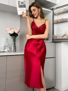 SilkySpell Embroidery Decorated Slit Hem Cami Pajama Long Dress For Sleeping Luxeloungewear - Burgundy - View 5