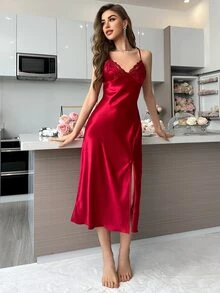 SilkySpell Embroidery Decorated Slit Hem Cami Pajama Long Dress For Sleeping Luxeloungewear - Burgundy - View 6