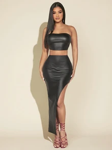SHEIN SXY Summer;Brushed Thermal Leather Women's 2-Piece Set, Elegant And Warm - Black - View 7