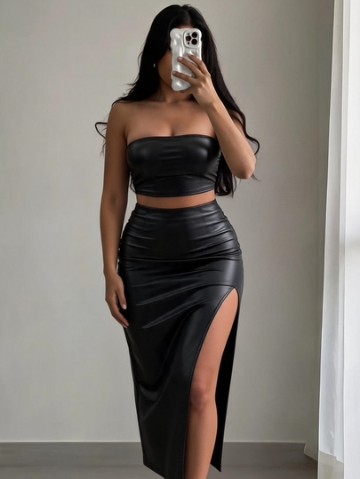 SHEIN SXY Summer;Brushed Thermal Leather Women's 2-Piece Set, Elegant And Warm