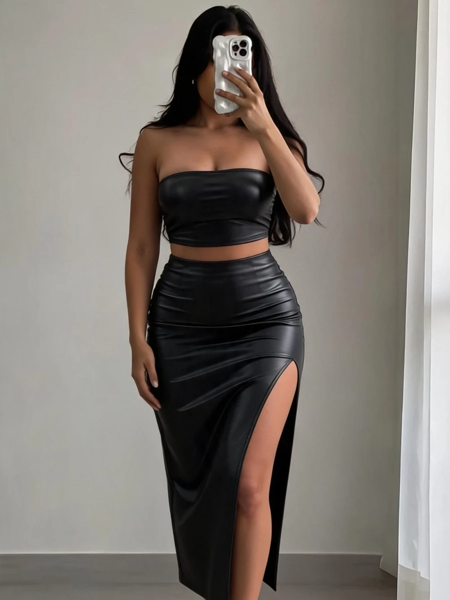 SHEIN SXY Summer;Brushed Thermal Leather Women's 2-Piece Set, Elegant And Warm
